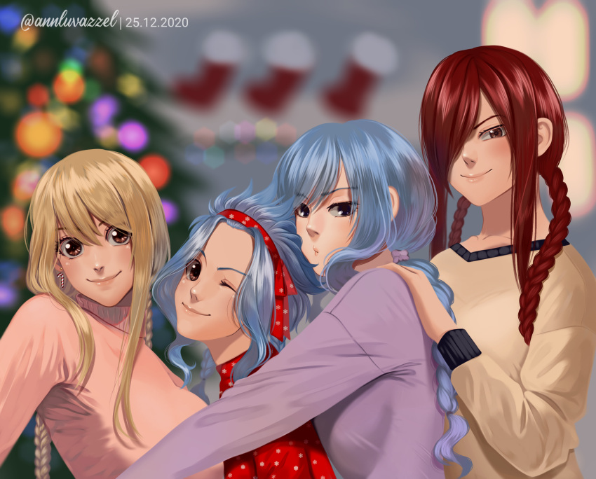 4girls alternate_hairstyle annlu_vazzel bangs blonde_hair blue_hair blurry blurry_background braid brown_eyes brown_sweater christmas_ornaments christmas_tree closed_mouth depth_of_field earrings erza_scarlet fairy_tail hair_over_one_eye hairband highres indoors jewelry levy_mcgarden long_hair lucy_heartfilia multiple_girls one_eye_closed pout red_hairband red_sweater smile sweater twin_braids upper_body wendy_marvell