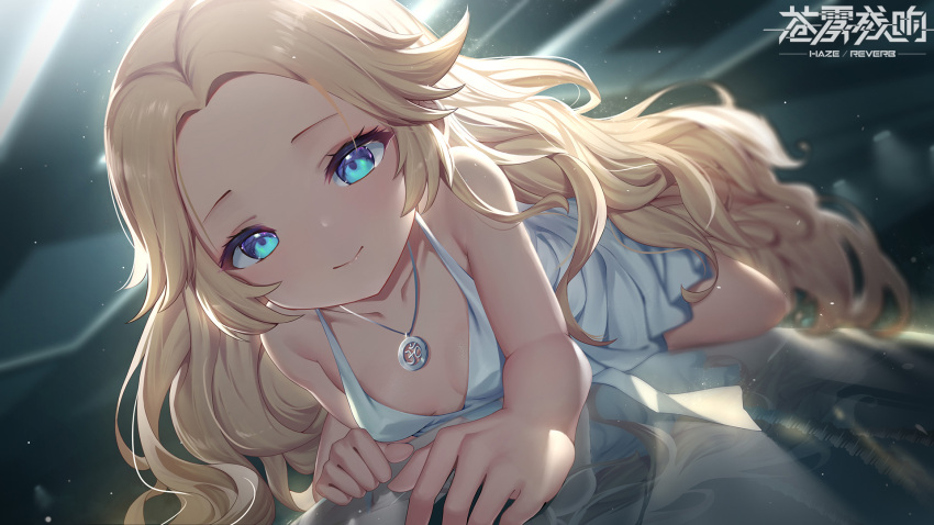 1girl artist_request blonde_hair blue_eyes breasts character_request cleavage dress forehead haze/reverb highres jewelry long_hair lying necklace on_stomach reflection short_dress sleeveless sleeveless_dress small_breasts smile solo very_long_hair white_dress