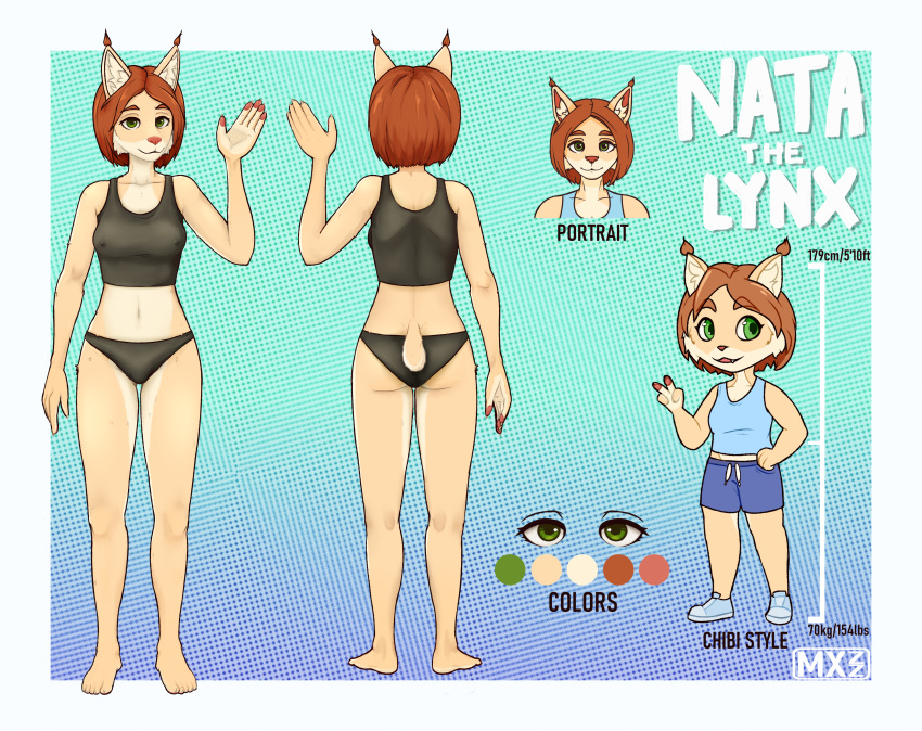 absurd_res anthro breasts butt chibi clothing different_artstyle felid feline female fur green_eyes hair hi_res hybrid lynx mammal maxizz model_sheet nata nude pose red_hair solo tuft underwear yellow_body yellow_fur