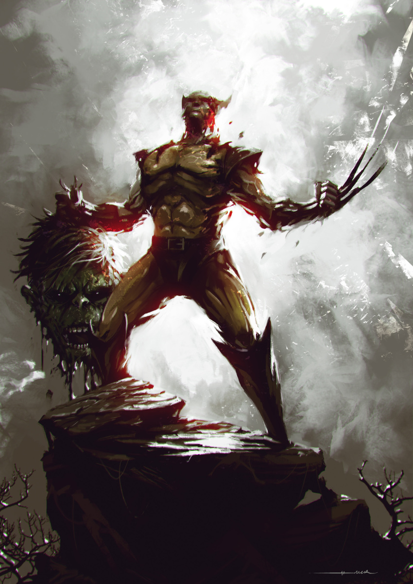 absurdres belt blood bodysuit boots brown_background claws colored_skin commentary covered_abs dismemberment english_commentary facing_up green_skin guro highres holding_head hulk kalmahul knee_boots marvel mask muscular muscular_male short_hair standing teeth white_background wolverine yellow_bodysuit