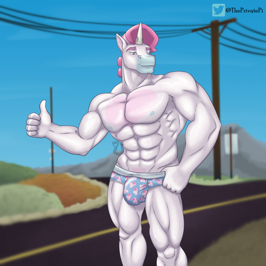 abs absurd_res anthro bulge clothing equid equine genital_outline hi_res hitchhiking horn male mammal muscular muscular_anthro muscular_male pecs penis_outline pi solo underwear unibro_pi unibro_pi_(character) unicorn