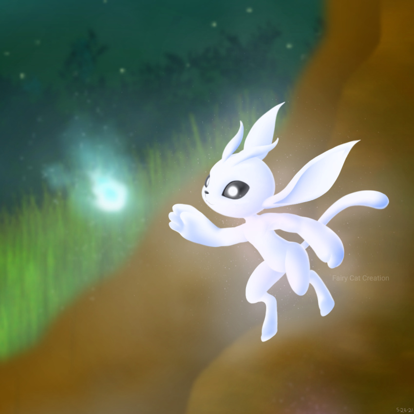 big_arms big_ears fairycatcreation fog fur glowing glowing_body grass guardian_spirit hi_res male mammal ori ori_and_the_blind_forest ori_and_the_will_of_the_wisps plant pointed_nose spirit tree white_body white_eyes white_fur wisp young