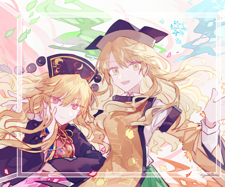 2girls bangs black_dress black_headwear black_sleeves blonde_hair brown_headwear chinese_clothes closed_mouth crescent dress eyebrows_visible_through_hair eyes_visible_through_hair green_skirt hair_between_eyes hand_on_own_face hand_up hat hidden_star_in_four_seasons highres junko_(touhou) kyuutame legacy_of_lunatic_kingdom long_hair long_sleeves looking_at_viewer matara_okina multiple_girls open_mouth orange_hair orange_sleeves pom_pom_(clothes) red_eyes skirt smile sun_symbol touhou yellow_eyes yellow_neckwear