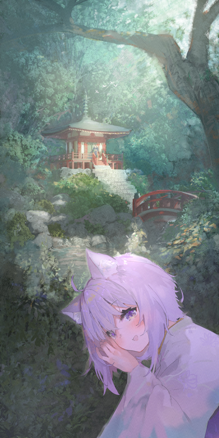 1girl ahoge animal_ears bangs blush bridge cat_ears crossed_bangs forest hair_between_eyes highres hinata_(hinata-ur) hololive japanese_clothes kimono looking_at_viewer nature nekomata_okayu open_mouth outdoors purple_eyes purple_hair river short_hair shrine smile solo sunlight virtual_youtuber