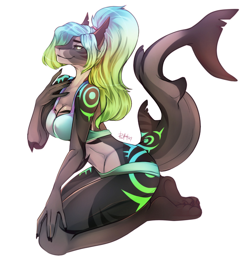 2020 5_fingers anthro aurora_(kamikazekit) bikini black_sclera blue_eyes blue_hair blue_markings breasts clothing digital_media_(artwork) eyebrows feet female fin fingers fish green_body green_eyes green_hair green_markings green_skin hair hand_on_chest hand_on_knee hand_on_leg hi_res kristiana_puff long_hair looking_at_viewer marine markings multicolored_bikini multicolored_clothing multicolored_hair multicolored_markings multicolored_swimwear non-mammal_breasts shark simple_background smile solo swimwear toes