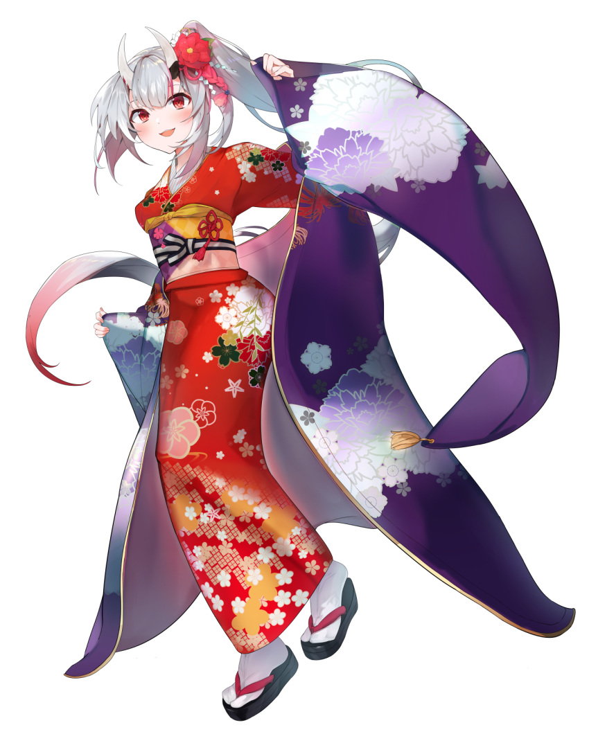 1girl alternate_costume bangs breasts flower hair_flower hair_ornament haori highres hinata_(hinata-ur) hololive horns japanese_clothes kimono looking_up medium_breasts nakiri_ayame obi oni_horns open_mouth red_eyes red_flower red_kimono sash silver_hair simple_background smile solo tied_hair virtual_youtuber white_background yukata