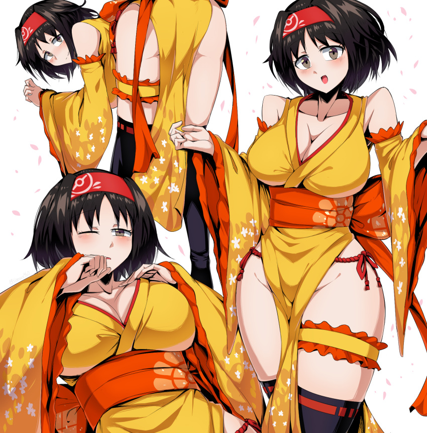 1girl bare_shoulders black_hair breasts cherry_blossoms cleavage erika_(pokemon) highres japanese_clothes kimono large_breasts pokemon pokemon_(game) pokemon_rgby shimure_(460) short_hair simple_background solo thigh_strap thighhighs white_background