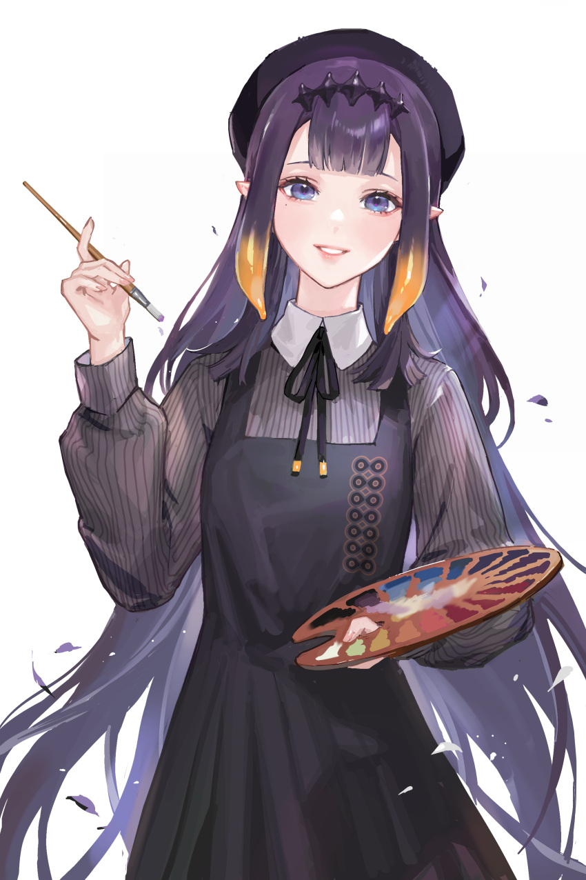1girl absurdres beret black_dress black_headwear blue_eyes collared_shirt dress grey_shirt hair_behind_ear hat highres holding holding_paintbrush holding_palette hololive hololive_english light_blush long_hair looking_at_viewer mole mole_under_eye ninomae_ina'nis paintbrush palette parted_lips pointy_ears purple_hair shirt smile solo very_long_hair white_background xi_liu