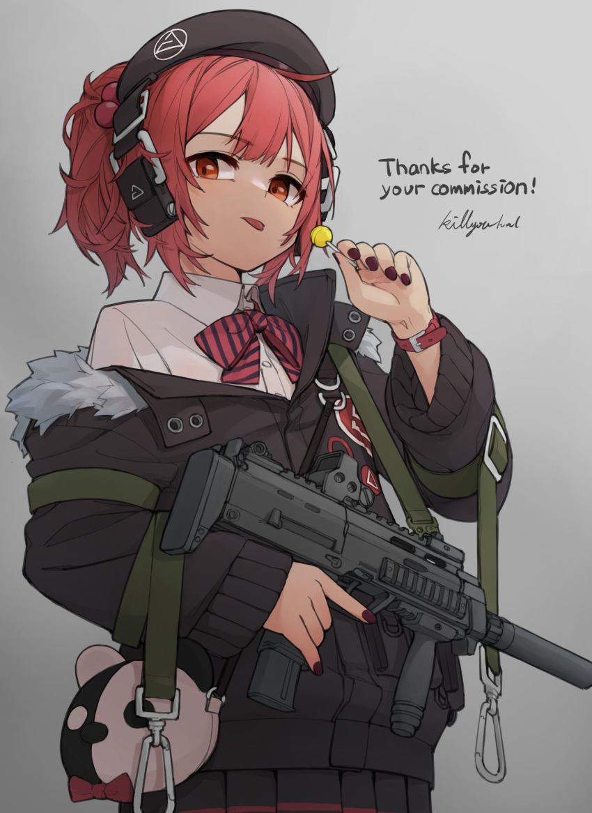 1girl ahoge alternate_eye_color beret candy commission food girls_frontline gun h&amp;k_mp7 hat highres kiryuu_haru_(445) lollipop mp7_(girls_frontline) off_shoulder orange_eyes pleated_skirt red_hair red_nails short_hair side_ponytail skeb_commission skirt solo submachine_gun suppressor trigger_discipline weapon