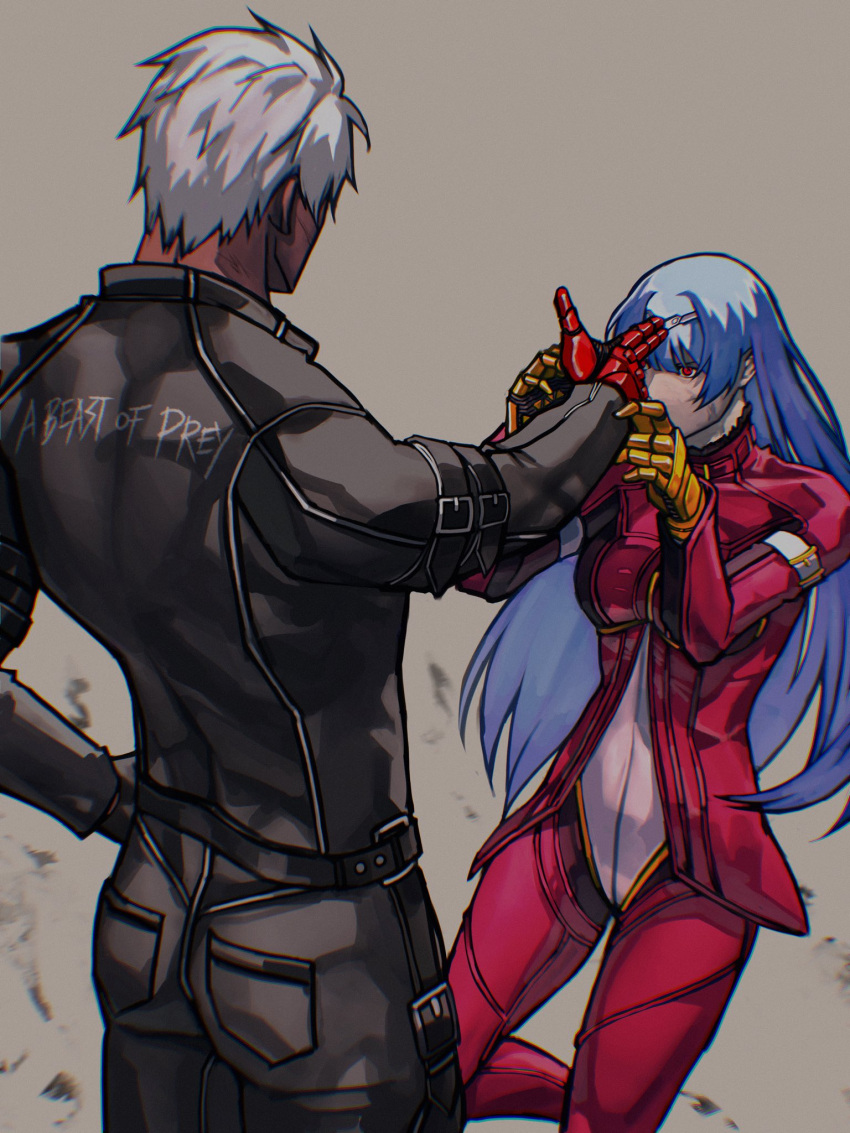 1boy 1girl blue_hair bodysuit dark-skinned_male dark_skin finger_gun from_behind gloves highres k' kula_diamond long_hair red_eyes syachiiro the_king_of_fighters white_hair