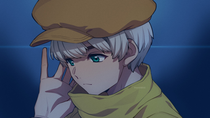 1boy asada_hachi bangs banned_artist blue_background cabbie_hat closed_mouth commentary_request dr._stone from_side green_eyes grey_hair hand_up hat highres jacket looking_down male_focus orange_headwear portrait saionji_ukyou short_hair solo twitter_username watermark yellow_jacket