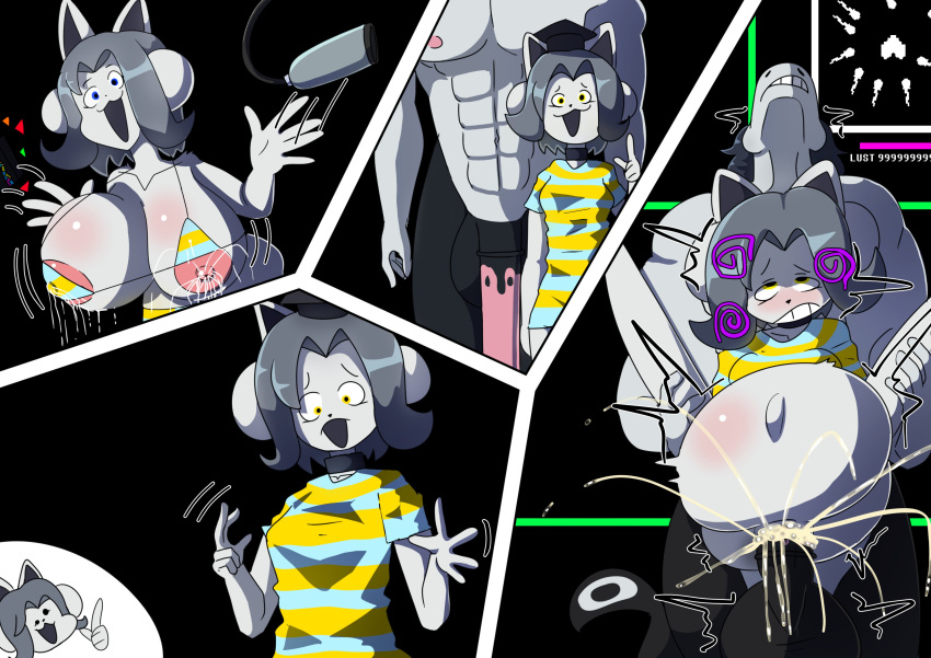 aaron_(undertale) absurd_res anthro breasts canid canine clothed clothing felid feline female fur genitals hair hi_res male mammal open_mouth silverplatin simple_background tem temmie_(undertale) text undertale video_games white_body white_fur