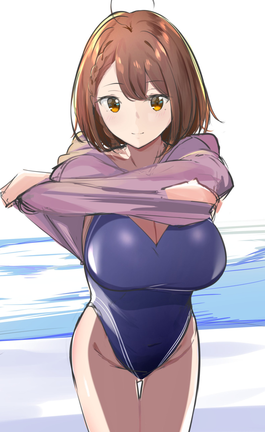 1girl absurdres ahoge azur_lane baltimore_(azur_lane) bangs braid breasts brown_hair cleavage commentary_request competition_swimsuit eyebrows_visible_through_hair hair_between_eyes highres large_breasts looking_at_viewer mattyazuki one-piece_swimsuit short_hair smile solo swimsuit undressing yellow_eyes