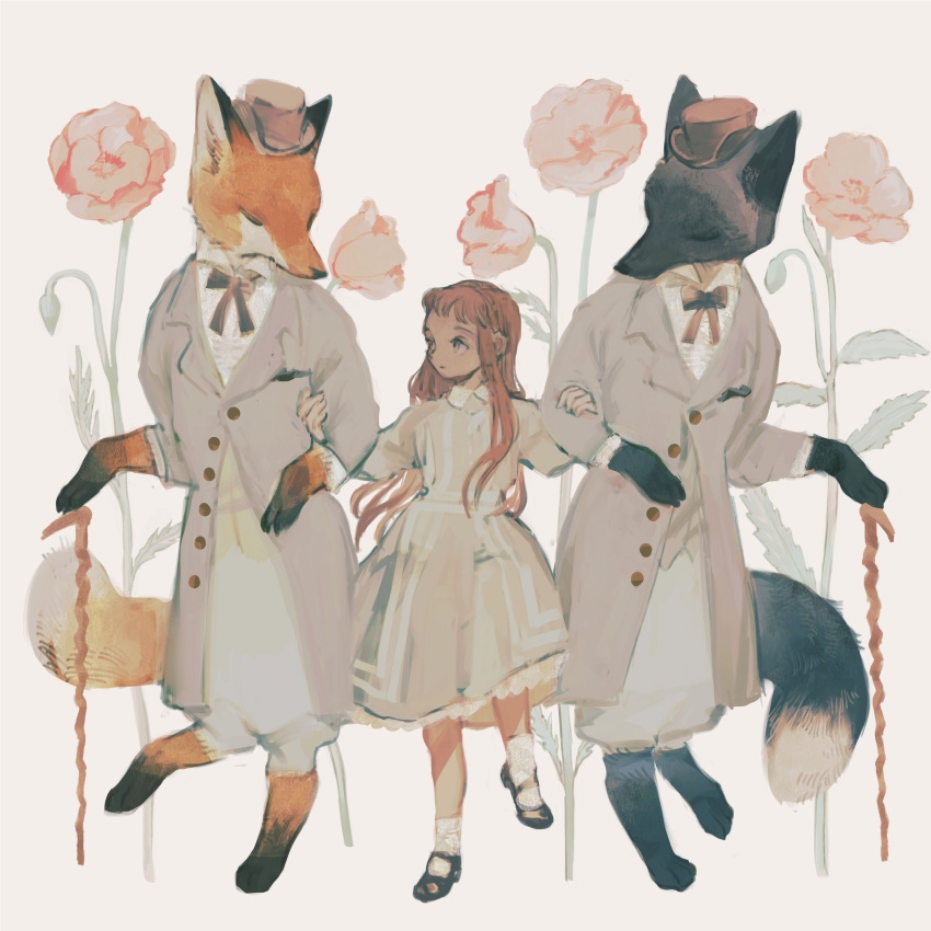 absurd_res anthro black_body black_fur black_paws button_(disambiguation) cane canid canine classy clothing cravat dress eyes_closed female flower fox fur group hair hat headgear headwear hi_res human long_hair male mammal orange_body orange_fur paws plant red_fox rt0no simple_background suit top_hat walking white_background