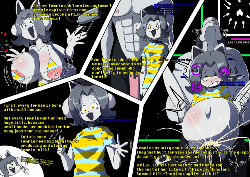 aaron_(undertale) absurd_res anthro breasts canid canine clothed clothing felid feline female fur genitals hair hi_res male mammal open_mouth silverplatin simple_background tem temmie_(undertale) text undertale video_games white_body white_fur