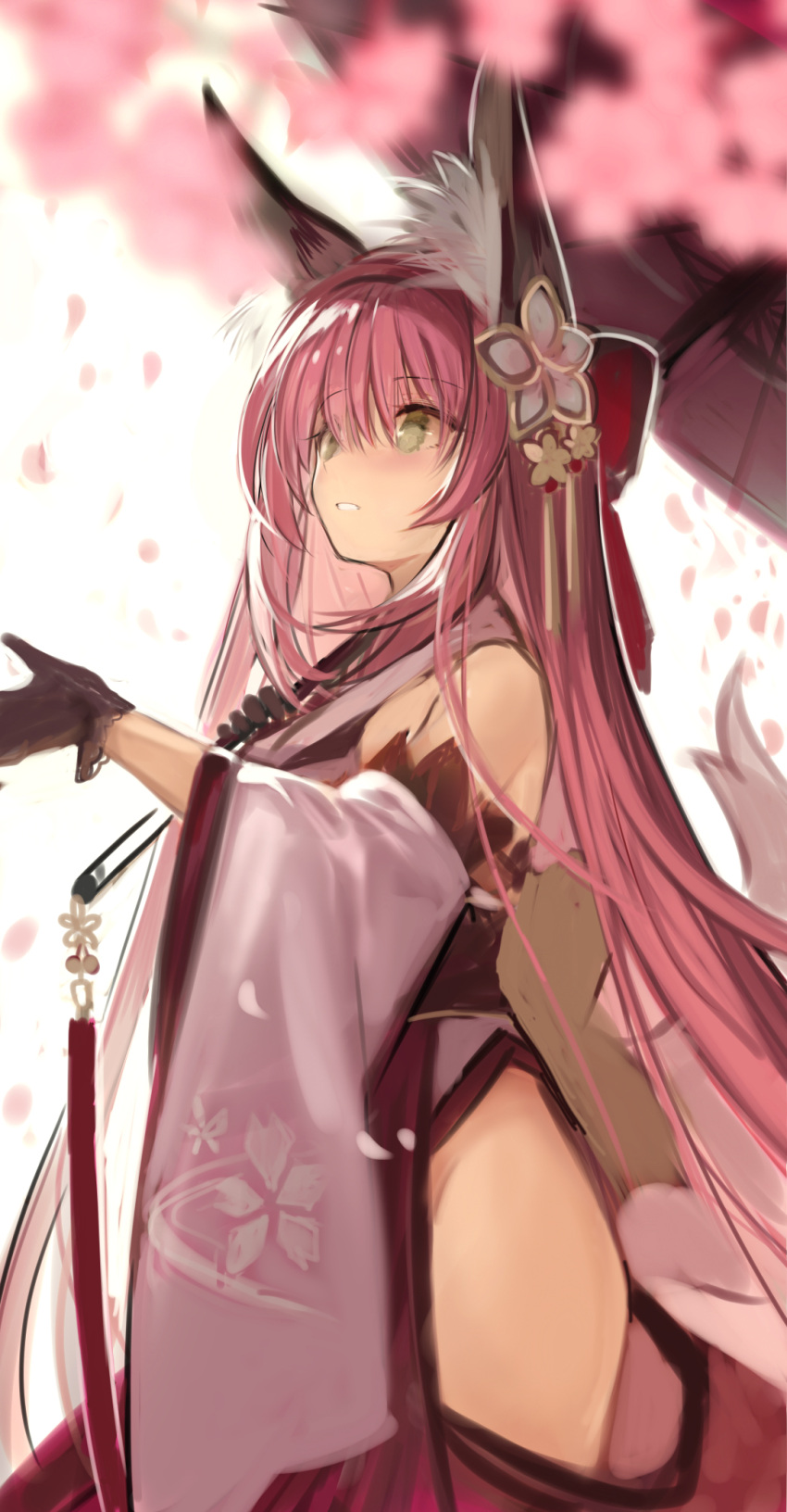 1girl animal_ear_fluff animal_ears azur_lane bangs bare_shoulders black_gloves breasts commentary_request detached_sleeves eyebrows_visible_through_hair fox_ears fox_girl fuupu gloves green_eyes hair_ornament hairband hanazuki_(azur_lane) highres holding holding_umbrella japanese_clothes kimono kitsune long_hair looking_at_flowers looking_up medium_breasts obi oil-paper_umbrella open_hand parted_lips pink_hair sash side_slit sideboob sidelocks sketch solo standing teeth thighs umbrella very_long_hair wide_sleeves