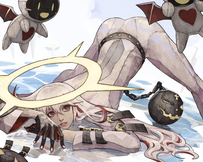1girl absurdres ass ball_and_chain_restraint belt black_gloves bodysuit cloud cloudy_sky cross gloves guilty_gear guilty_gear_xrd hair_between_eyes halo highres jack-o'_valentine knight_servant looking_at_viewer looking_up mask multicolored_hair red_eyes sky spread_legs subakeye two-tone_hair white_bodysuit