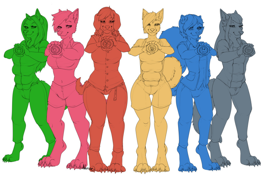 anthro bottomwear breasts canid canine canis clothing domestic_dog female fox group group_portrait jacket mammal morpher multi_breast narusewolf overalls power_rangers shorts smile straps topwear vest wolf