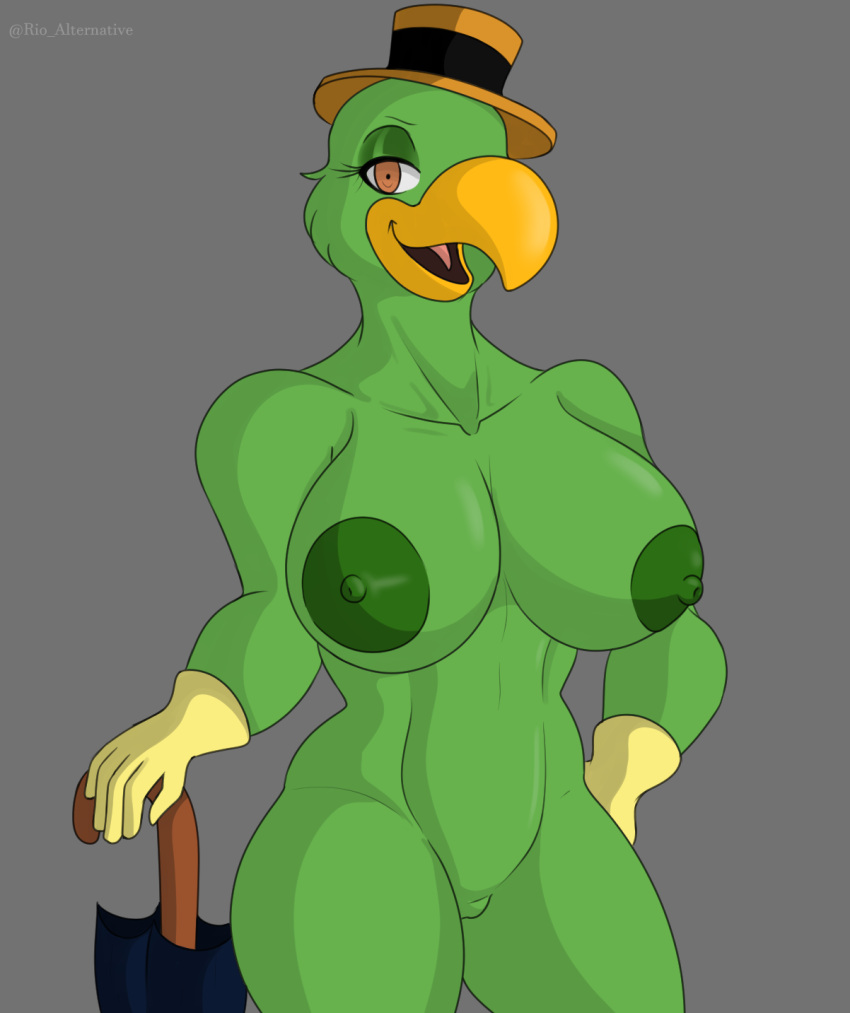 anatid anseriform anthro avian beak big_breasts bird breasts clothing crossgender digital_media_(artwork) disney eyelashes eyeshadow feathers female genitals gloves gloves_only green_body green_feathers handwear handwear_only hat headgear headwear hi_res jos&eacute;_carioca klr-rio looking_at_viewer makeup mostly_nude nipples non-mammal_breasts nude open_mouth parrot pussy simple_background smile solo the_three_caballeros tongue umbrella