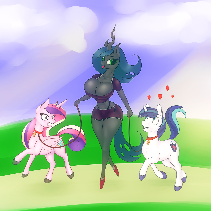 absurd_res angry anthro arthropod belly big_breasts breasts changeling clothing collar cutie_mark eqamrd equid equine female feral friendship_is_magic group hi_res horn horse huge_breasts jealous leash love male mammal my_little_pony navel panties pony princess_cadance_(mlp) queen_chrysalis_(mlp) shining_armor_(mlp) underwear unicorn walking winged_unicorn wings