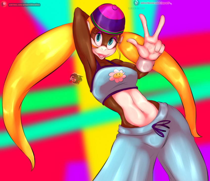 2021 5_fingers anthro big_breasts blonde_hair blue_eyes bottomwear breasts brown_body brown_fur clothed clothing colorful colorful_background curvaceous curvy_figure donkey_kong_(series) ear_piercing female fingers fur gesture hair hand_behind_head haplorhine hat headgear headwear kong long_hair looking_at_viewer mammal monkey nintendo nipple_outline open_mouth open_smile piercing pose primate project_00_wolfen rainbow_background simple_background smile solo standing text thick_thighs tiny_kong tongue topwear url v_sign video_games voluptuous wide_hips