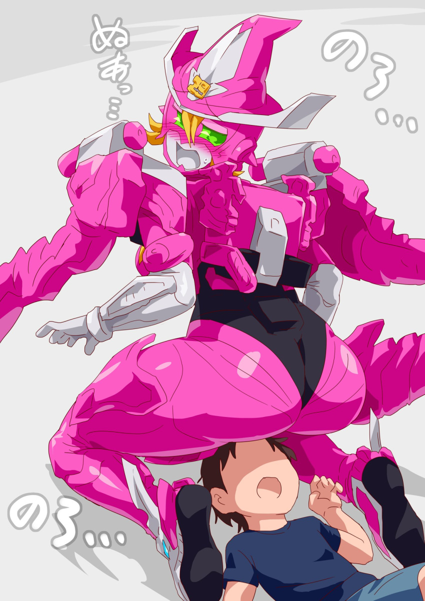 1boy 1girl bent_over blonde_hair blue_panties blush_stickers breasts brown_hair child colored_skin cum dragon_girl faceless facial green_eyes hat highres kikai_sentai_zenkaiger looking_back mecha mechanical_wings navy_shirt otokamu panties pink_hair poking_ass staff super_sentai tokusatsu underwear white_skin wings witch witch_hat zenkai_magine