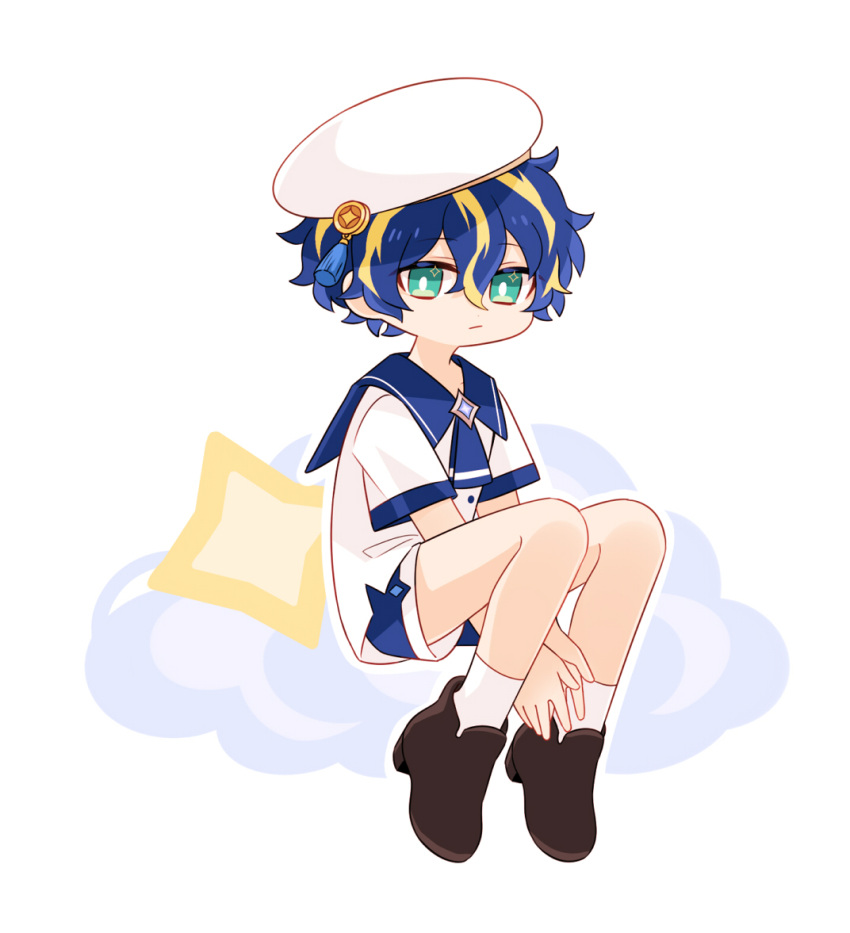 1boy astel_leda bangs bk0416_v blue_hair blue_neckwear blue_sailor_collar blue_shorts brown_footwear chibi green_eyes hat holostars looking_at_viewer male_focus multicolored_hair neckerchief sailor_collar shirt shorts socks solo streaked_hair virtual_youtuber white_headwear white_legwear white_shirt younger