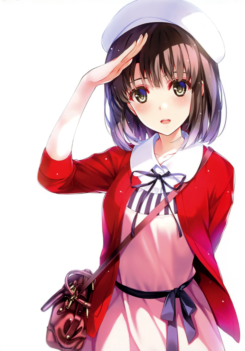 1girl absurdres bag bangs beret blush bob_cut bow bowtie brown_hair buttons collarbone dress fingernails hand_up handbag hat highres jacket katou_megumi long_sleeves looking_at_viewer misaki_kurehito official_art open_clothes open_jacket open_mouth red_jacket ribbon saenai_heroine_no_sodatekata salute simple_background smile solo upper_body white_background white_headwear