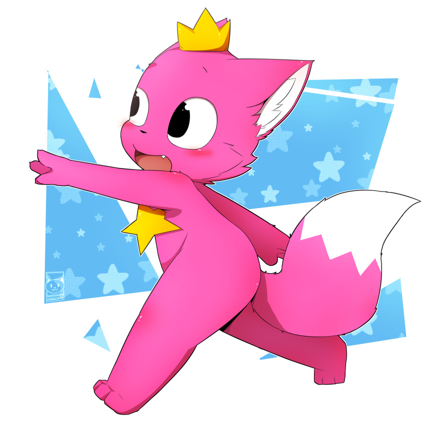 3_toes 4_fingers absurd_res ambiguous_gender anthro biped black_eyes black_nose blush cheek_tuft crown dipstick_tail facial_tuft fangs feet fingers fur hi_res inner_ear_fluff kimacats multicolored_tail open_mouth pink_body pink_fur pinkfong_(character) solo toes tongue tuft walking white_inner_ear_fluff