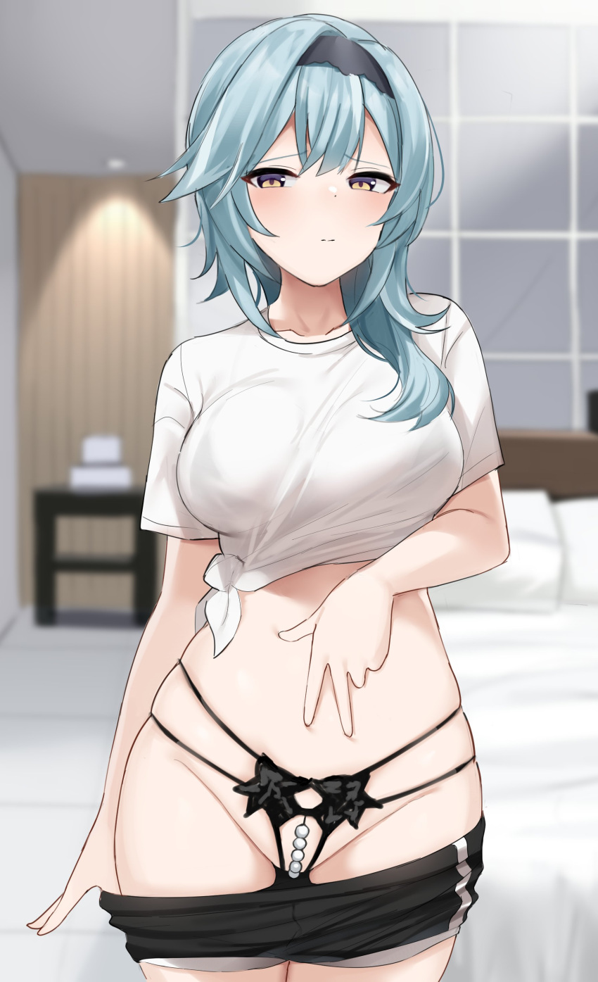 1girl absurdres black_panties black_shorts blue_hair blurry breasts clothes_pull cowboy_shot crop_top depth_of_field eula_lawrence frown genshin_impact groin hair_over_shoulder hairband hand_on_own_stomach highres indoors large_breasts lingerie long_hair looking_at_viewer midriff multi-strapped_panties panties shengtian shirt short_shorts short_sleeves shorts shorts_pull side-tie_shirt skindentation solo standing stomach string_panties tied_shirt underwear white_shirt yellow_eyes