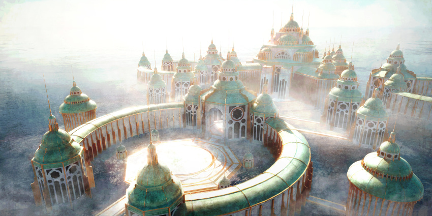 absurdres arabian_architecture architecture bloom building commentary day dome fog from_above highres hisamesy huge_filesize no_humans ocean original outdoors palace scenery water