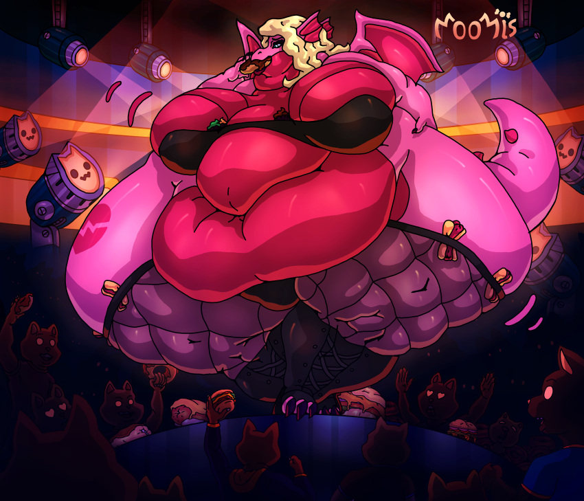 5_fingers absurd_res anthro audience belly belly_expansion big_belly big_breasts big_butt blob_(disambiguation) blonde_hair breasts butt chubby_cheeks clothed clothing club_(disambiguation) crowd dancing detailed_background dewlap_(anatomy) double_chin dragon eating expansion eyebrows eyelashes feeding feet female fingers food force_feeding forced glistening glistening_body glistening_butt group hair hi_res huge_breasts huge_butt huge_hips huge_tail huge_thighs hyper hyper_belly hyper_breasts hyper_butt hyper_thighs inflation jiggling leggings legwear lips long_hair moomis morbidly_obese morbidly_obese_female navel no_underwear obese obese_anthro obese_female overweight overweight_anthro overweight_female rave sequence solo stockings thick_bottom_lip thick_thighs tight_bra tight_clothing toes weight_gain wide_hips