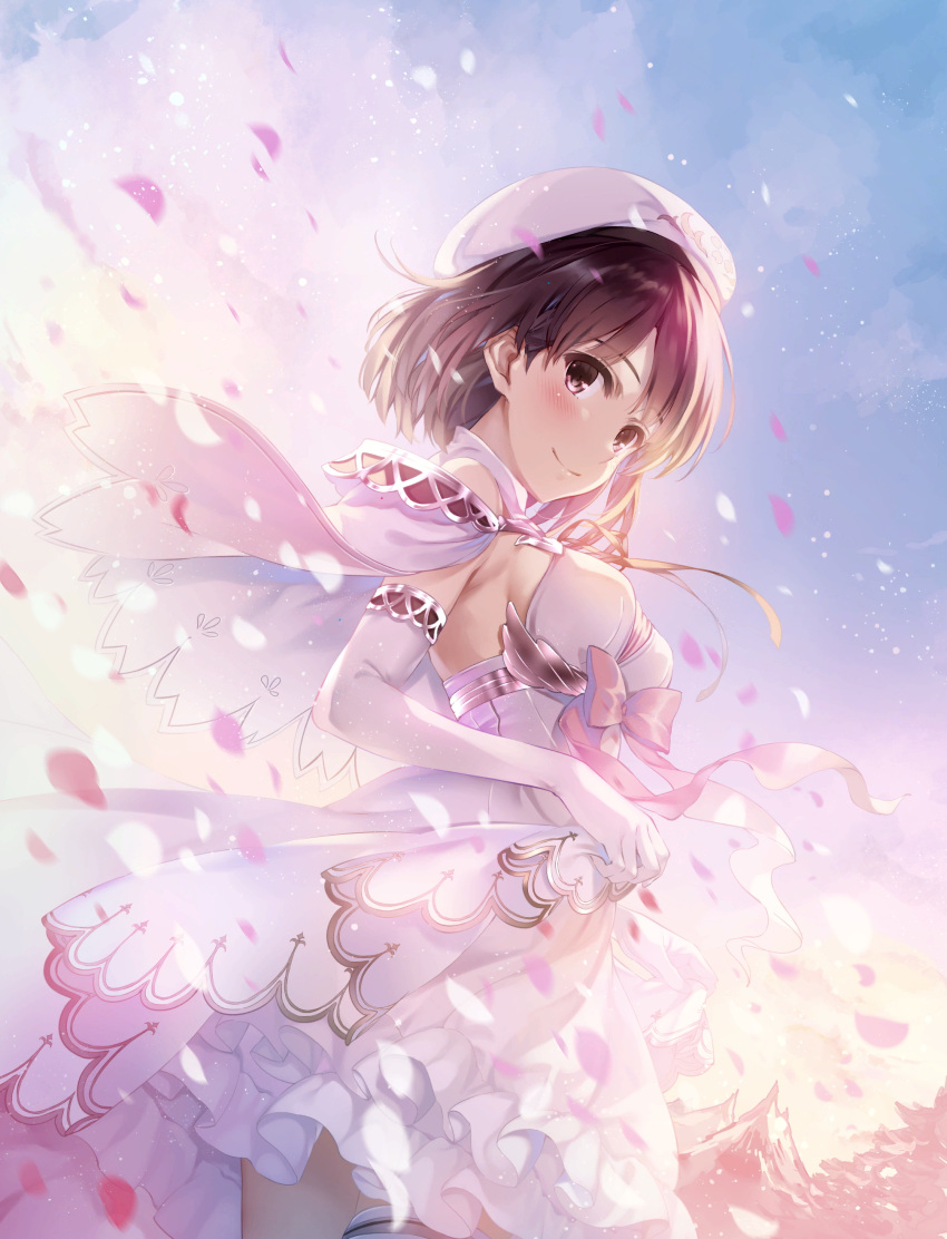 1girl absurdres bangs beret blush bow breasts brown_eyes brown_hair capelet closed_mouth cloud cloudy_sky dress elbow_gloves gloves gradient gradient_sky hat highres katou_megumi looking_at_viewer medium_breasts misaki_kurehito official_art outdoors petals saenai_heroine_no_sodatekata shiny shiny_hair short_dress short_hair skirt_hold sky smile solo white_dress white_gloves