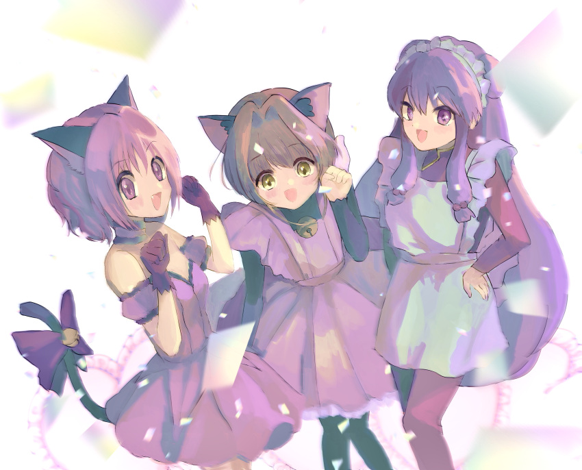 3girls absurdres animal_ears bell brown_hair cardcaptor_sakura cat_ears cat_girl chinese_clothes dress fang fang_out green_eyes highres jingle_bell kinomoto_sakura maid mew_ichigo momomiya_ichigo multiple_girls nakama_damon neck_bell paw_pose pink_dress pink_eyes pink_hair ranma_1/2 ribbon shampoo_(ranma_1/2) tail tail_ornament tail_raised tail_ribbon tokyo_mew_mew