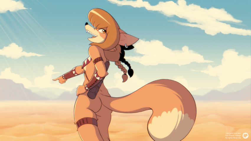 2021 5_fingers absurd_res anthro armor black_nose bracers braided_hair breasts brown_hair butt canid canine clothed clothing cloud day desert ear_piercing ear_ring female fennec fingers flat_chested fox fox-pop fur gesture hair hi_res humanoid_hands khiara_(personalami) legband looking_at_viewer looking_back looking_back_at_viewer mammal mostly_nude nude open_mouth piercing pointing quiver rear_view side_boob signature skimpy solo standing tan_body tan_fur teeth tribal under_boob