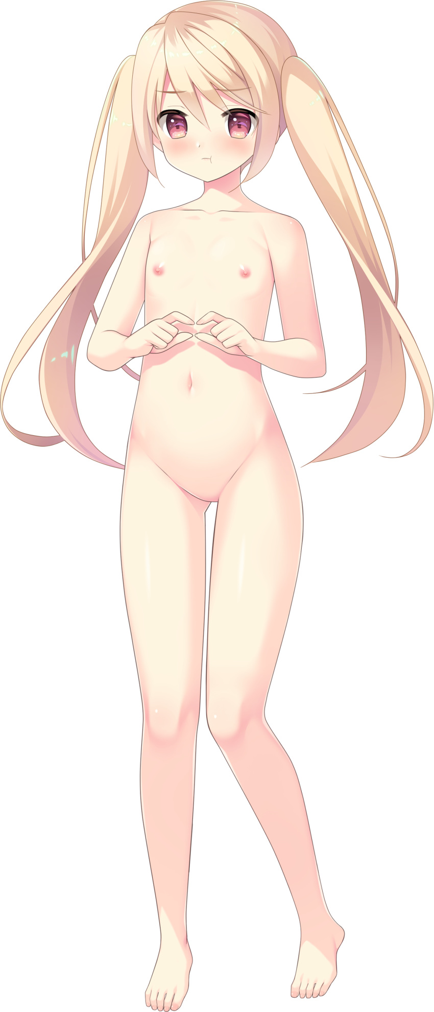 1girl :t absurdres bangs barefoot blonde_hair blush completely_nude eyebrows_visible_through_hair flat_chest full_body highres long_hair nabatake_inaba navel nipples no_pussy nude official_art photoshop_(medium) red_eyes solo transparent_background tsurukonnyaku twintails umi_to_yuki_no_cyan_blue