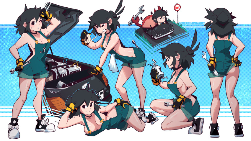 1girl aqua_overalls ass black_gloves black_hair breasts breasts_apart car choker cleavage crab gloves ground_vehicle highres holding holding_wrench long_hair lucia_(scott_malin) motor_vehicle multiple_views naked_overalls original overall_shorts overalls scott_malin sideboob sweat wrench