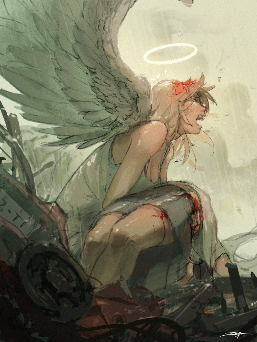 absurdres angel angel_wings bare_shoulders blood bloody_clothes breasts brown_hair car car_crash cleavage crying death dress feathered_wings flower grey_skirt ground_vehicle hair_flower hair_ornament halo highres holding_another light_brown_hair long_hair motor_vehicle open_mouth original outdoors rain red_flower signature silhouette skirt steering_wheel teeth upper_teeth wet wet_clothes white_dress wings zeniyan