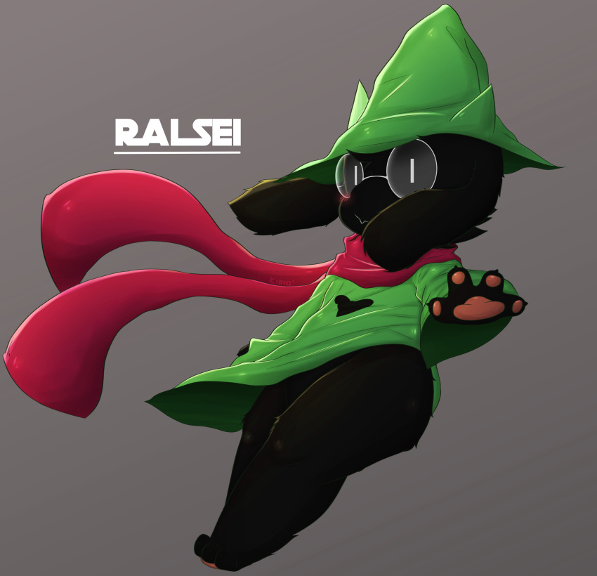 3_toes 4_fingers absurd_res ambiguous_gender anthro biped black_body black_fur blush bovid caprine claws clothing deltarune eyewear fangs feet fingers fur glasses goat hat headgear headwear hi_res kimacats long_ears looking_at_viewer mammal pawpads pink_pawpads ralsei red_scarf scarf simple_eyes solo toes video_games