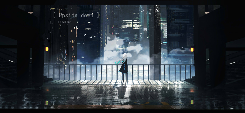 1girl absurdres artist_name bird black_coat black_legwear blue_hair building city city_lights cityscape cloud coat colored_tips commentary_request facing_away from_behind highres lifeline_(a384079959) long_hair neon_trim night original outdoors railing scenery shadow solo standing upside-down white_hair wide_shot