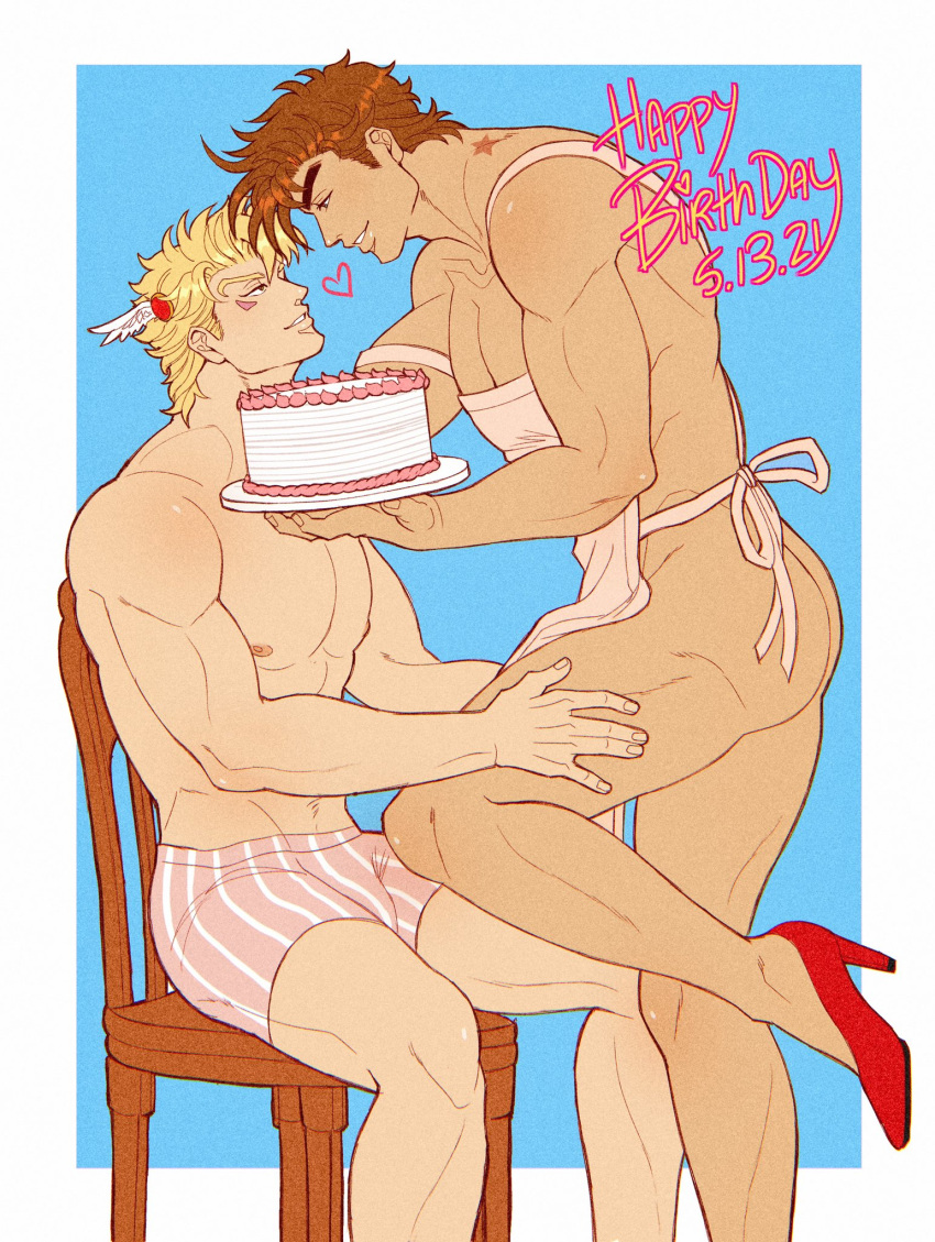 2boys abs apron ass bara boxers bulge caesar_anthonio_zeppeli catneylang couple dark-skinned_male dark_skin eye_contact feet_out_of_frame from_side hand_on_another's_thigh happy_birthday high_heels highres jojo_no_kimyou_na_bouken joseph_joestar_(young) looking_at_another male_cleavage male_focus male_underwear multiple_boys muscular muscular_male naked_apron navel_hair nipples pectorals pink_male_underwear print_male_underwear red_footwear short_hair sideburns sitting smile stomach thighs underwear underwear_only yaoi