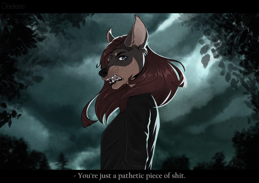 anthro breasts brown_hair canid canine canis clothed clothing deeless detailed_background digital_media_(artwork) domestic_dog english_text female hair hi_res insult mammal night open_mouth outside profanity solo teeth text tongue