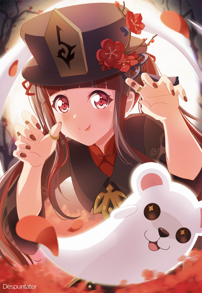 1girl :p artist_name bang_dream! bangs black_coat black_hair black_headwear black_nails blunt_bangs blush chinese_clothes closed_mouth coat collared_coat collared_shirt cosplay despuntater english_commentary eyebrows_visible_through_hair flower full_moon genshin_impact ghost ghost_pose hat hat_flower hat_ornament highres hu_tao_(genshin_impact) hu_tao_(genshin_impact)_(cosplay) jewelry long_hair long_sleeves looking_at_viewer michelle_(bang_dream!) moon multicolored_hair multiple_rings nail_polish night nyuubara_reona plum_blossoms porkpie_hat red_eyes red_flower red_hair red_shirt ring shirt sidelocks smile solo_focus standing talisman tassel thumb_ring tongue tongue_out twintails two-tone_hair upper_body