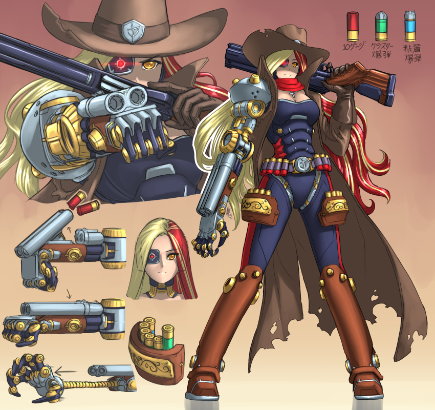 1girl arm_cannon artificial_eye belt blonde_hair cowboy_hat cross cross_necklace cyborg doom_(series) english_commentary gloves glowing glowing_eye grappling_hook gun hat highres jewelry joints long_coat long_hair mechanical_eye multicolored_hair necklace orange_eyes over_shoulder personification prosthesis prosthetic_arm red_hair reloading robot_joints scarf shotgun shotgun_shells standing substance20 torn_clothes torn_coat two-tone_hair weapon weapon_over_shoulder