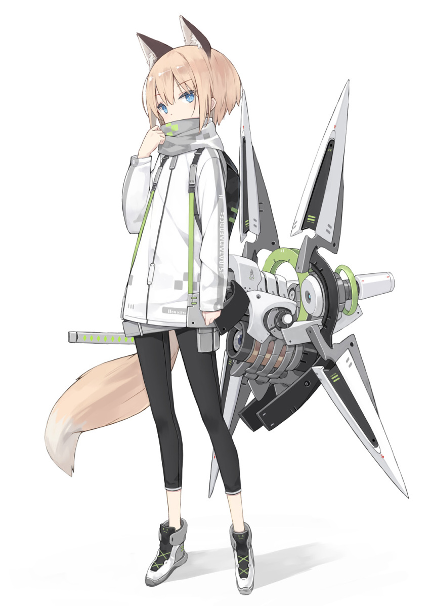 1girl animal_ear_fluff animal_ears backpack bag bangs black_legwear blue_eyes boots commentary_request covered_mouth eyebrows_visible_through_hair fox_ears fox_girl fox_tail full_body hair_between_eyes hand_up highres jacket leggings light_brown_hair long_sleeves looking_at_viewer original poco_(asahi_age) shadow sleeves_past_wrists solo standing tail white_background white_footwear white_jacket
