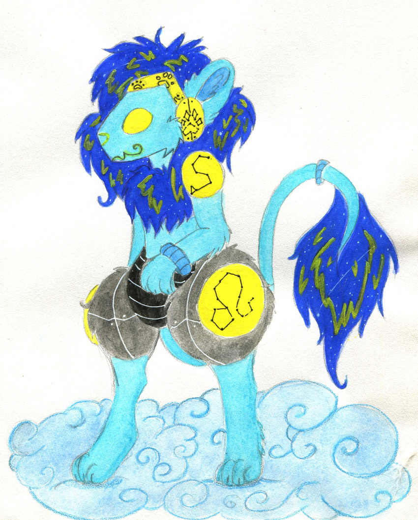 absurd_res blue_body blue_hair cloud hair hi_res leo machine painting_(artwork) protogen traditional_media_(artwork) watercolor_(artwork) yellow_eyes