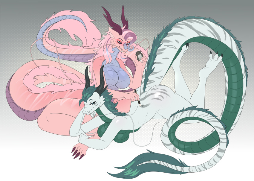 amethystdust anthro asian_mythology bodypaint breasts butt claws dragon duo east_asian_mythology eastern_dragon featureless_breasts feet female green_hair hair horn long_tail lying mythology nude on_front pink_body pink_hair pink_scales scales scalie smile stripes toe_claws toes whiskers white_body white_scales