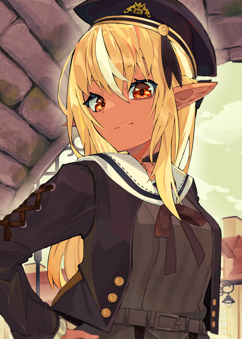 1girl absurdres ao_no_kitsune beret blonde_hair brown_ribbon commentary_request cropped_jacket dark-skinned_female dark_skin elf hand_on_hip hat highres hololive long_sleeves looking_at_viewer multicolored_hair neck_ribbon orange_hair outdoors pointy_ears ribbon shiranui_flare solo streaked_hair upper_body