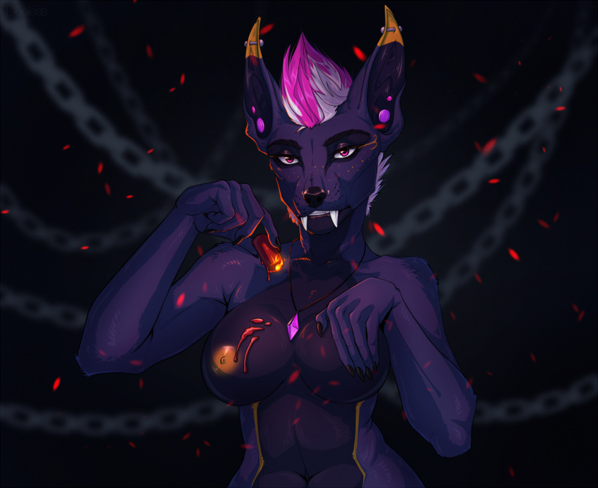 5_fingers anthro areola breasts canid canine deeless digital_media_(artwork) eyebrows eyelashes female fingers hair mammal nipples nude pink_hair red_eyes