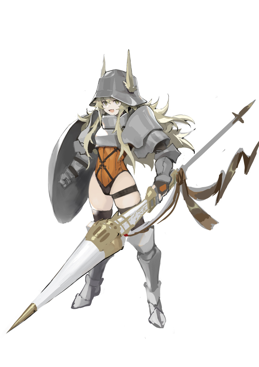 1girl :d absurdres animal_ears armor armored_boots bangs black_gloves black_legwear blonde_hair boots brown_eyes commentary_request ears_through_headwear eyebrows_behind_hair fang fingerless_gloves fox_ears full_body ganida_boushoku gloves hair_between_eyes helmet highres holding holding_polearm holding_shield holding_weapon knight leotard long_hair open_mouth orange_leotard original polearm shield simple_background smile solo spear standing thick_eyebrows thighhighs very_long_hair weapon white_background